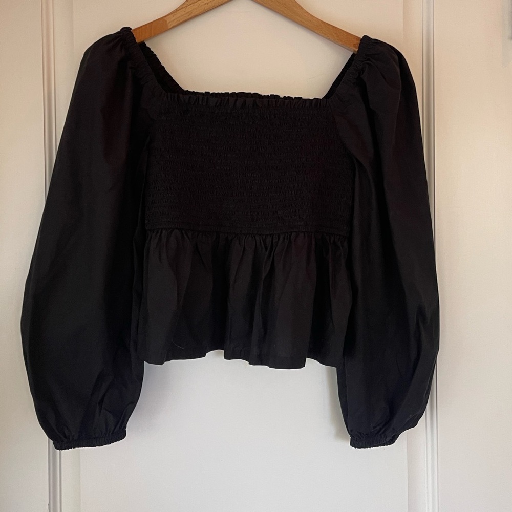 Jcrew Black Long Sleeve Top, Smocked Body, Puff Sleeve, Size Medium, Like New